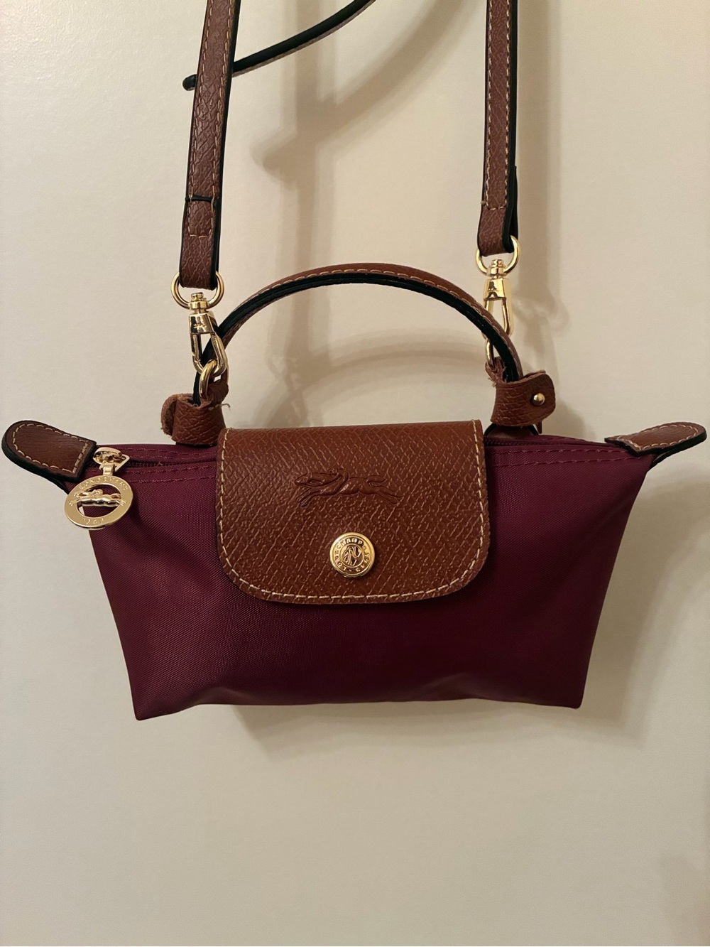 Longchamp Burgundy Nylon Crossbody with Brown Leather Trim